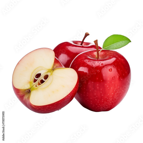 fresh organic red apple cut in half sliced with leaves isolated on white background with clipping path photo