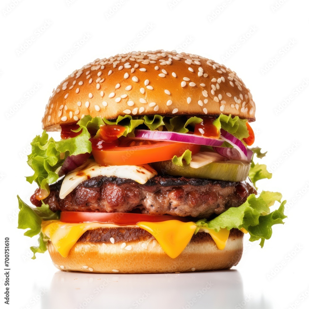 Delicious burger with fresh ingredients with the white background Delicious burger with fresh ingredients with the white background