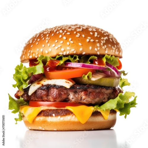  Delicious burger with fresh ingredients with the white background