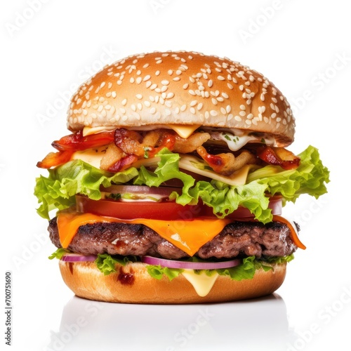  Delicious burger with fresh ingredients with the white background