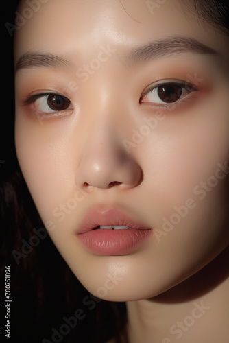 Extreme close-up portrait of a young girl with perfect skin looking at the camera