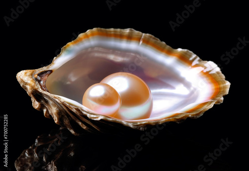 Two pearls in a shell on a black background