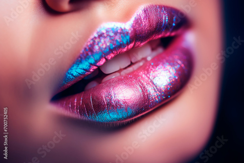 Woman's lips with pink lipstick with glitter close-up