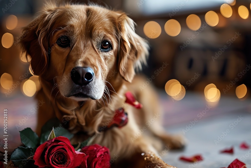 A dog with two rose behind light bokeh background A dog with two rose behind light bokeh background