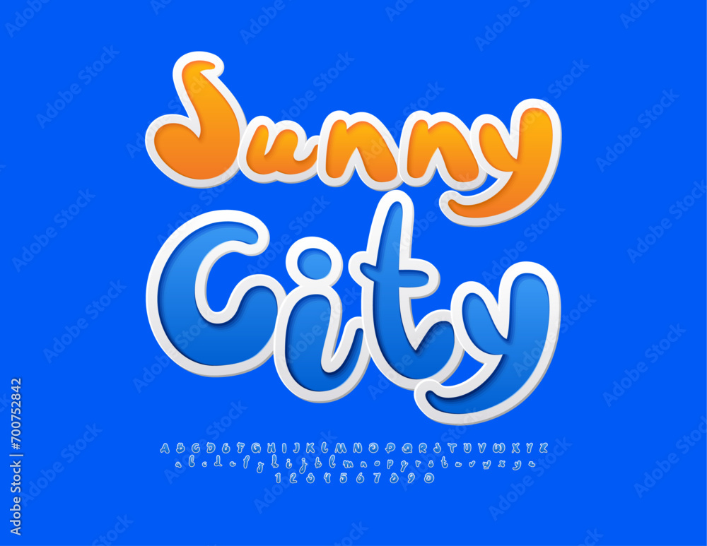 Vector artistic banner Sunny City. Blue sticker Font. Funny handwritten  Alphabet Letters and Numbers set.