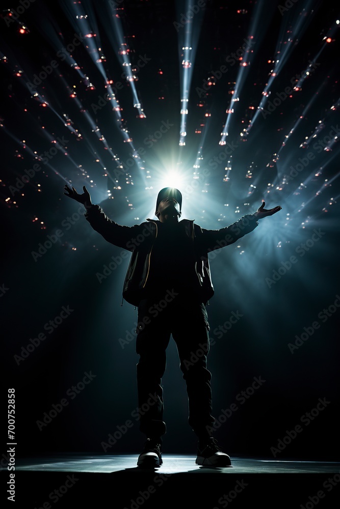 black man singing hip hop and rapping at a concert - obrazy, fototapety, plakaty 