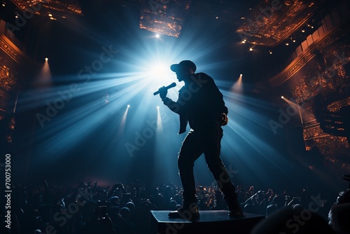 black man singing hip hop and rapping at a concert photo