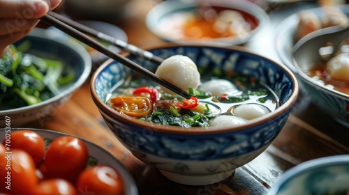 Eating homemade white small tangyuan with savory soup and vegetable. photo