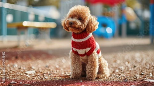 An adorable smile brown toy poodle taking a picture in the school playground wearing puppy dressed Red and white sweater photo