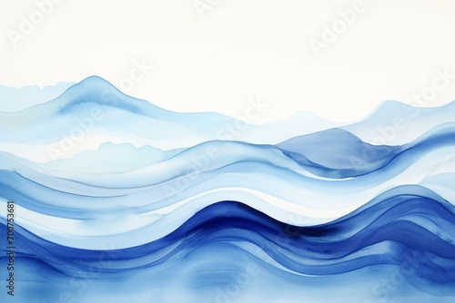 Abstract painting of indigo blue watercolor waves and mountains on a white background. Generative AI #700753681