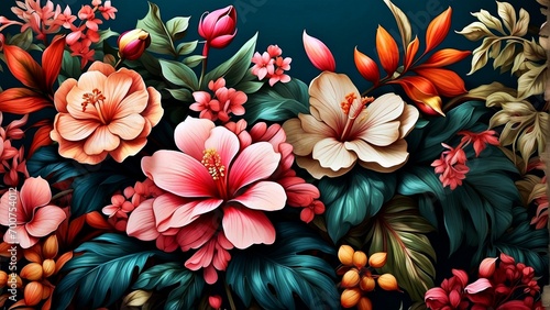 beautiful fantasy design vintage wallpaper tropical botanical flower bunch, vintage motif for floral print digital background © Max_T