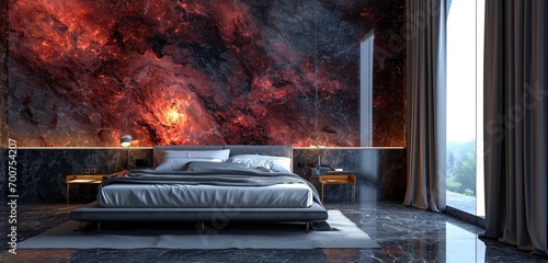 A modern bedroom featuring a 3D intricate wall displaying a neon abstract galaxy design in fiery red and black complemented by a sleek silver bed photo