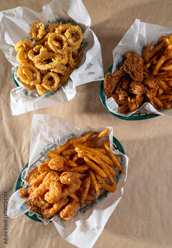 group of fried seafood baskets on table