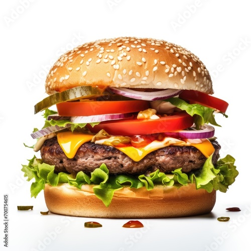  Delicious burger with fresh ingredients with the white background © Abrar