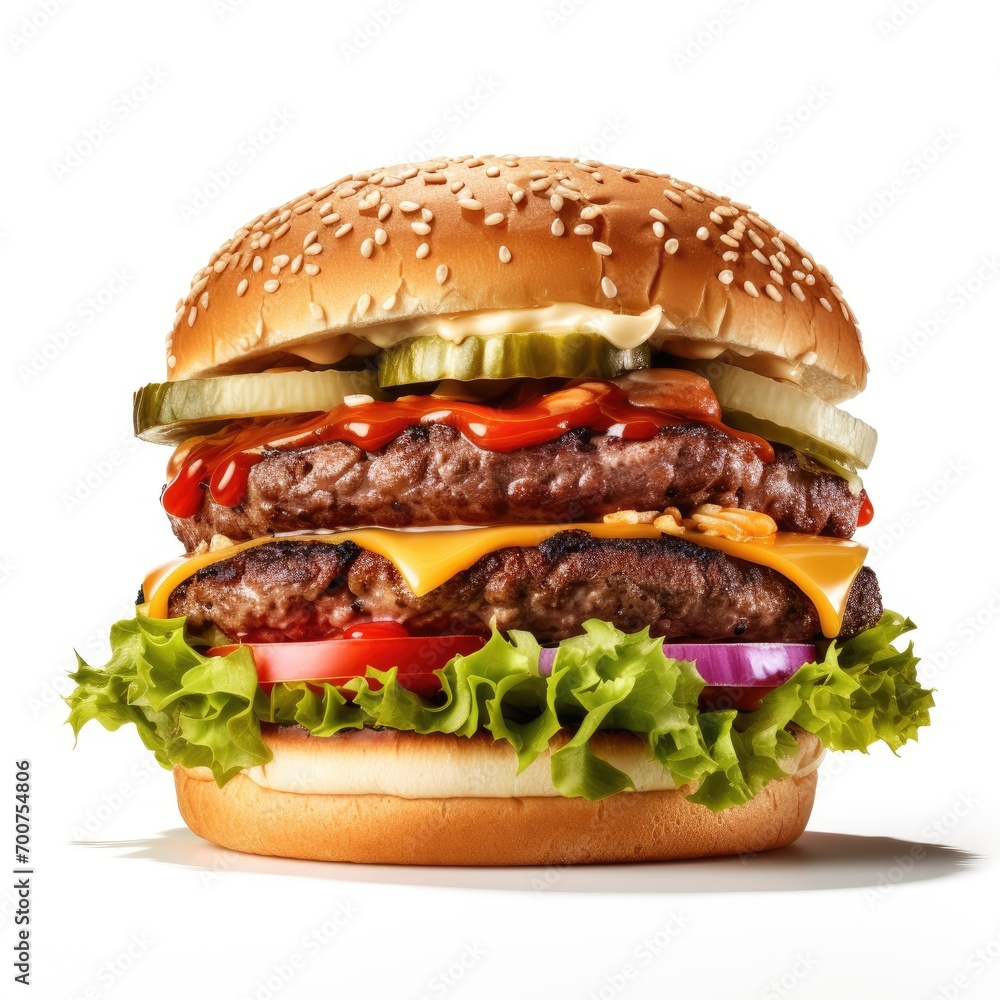 Delicious burger with fresh ingredients with the white background Delicious burger with fresh ingredients with the white background