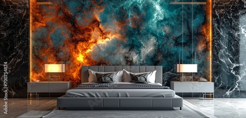 A modern bedroom showcasing a 3D intricate wall with a neon abstract galaxy design in a mesmerizing combination of orange and teal complemented by a sleek silver bed photo