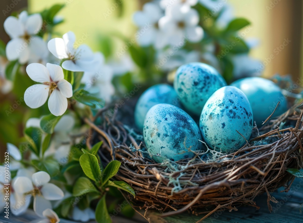Fototapeta premium blue easter eggs are in the nest easter