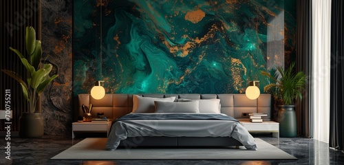A modern bedroom showcasing a 3D intricate wall with a neon abstract galaxy design in deep shades of emerald and gold paired with a sleek silver bed