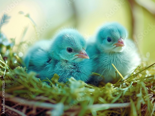 blue chicks in a nest with green grass