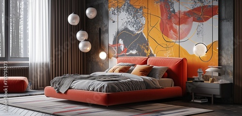 A modern bedroom showcasing a 3D intricate wall with a lively abstract digital art pattern complemented by a neon coral bed