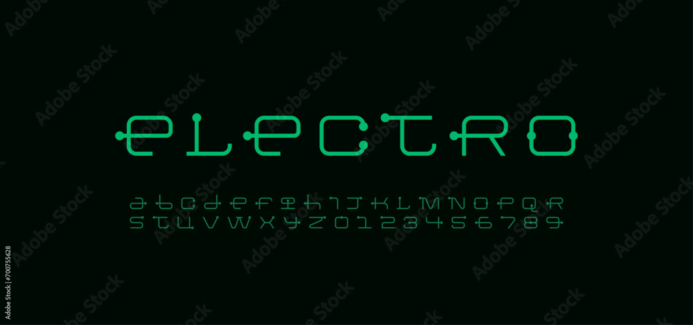 Technical wide thin future font, digital cyber alphabet, trendy universal letters from A to Z and numbers from 0 to 9 for electro design, vector illustration 10EPS