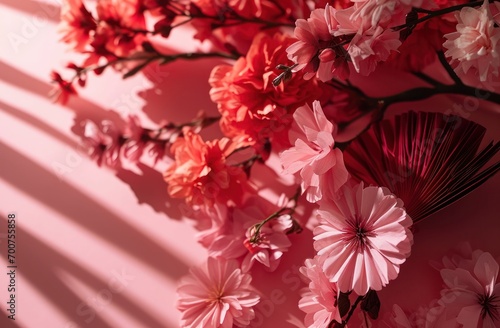 chinese new year, decoration of paper flower fan with traditional flora in pink background