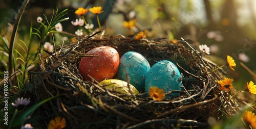 colorful easter eggs in a nest on a wooden table