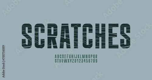 Crushed broken condensed font, dark gray narrow cracked alphabet, fragmented fragile letters and numbers, vector illustration 10EPS
