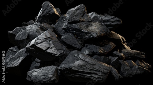 A black pile of stones on a black background. Rocks piled up