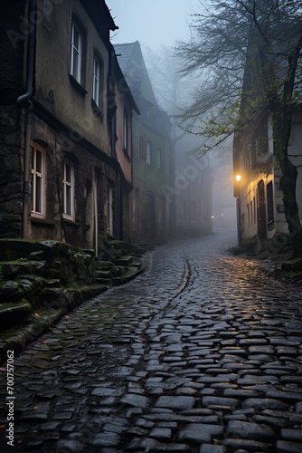 narrow cobblestone street in a scary town