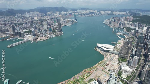 Hong Kong Convention and Exhibition Centre in Wan Chai Central Admiralty Causeway Bay CBD facing Victoria Harbour Kowloon Tsim Sea Tsui ,4K drone shot of property commercial area  photo