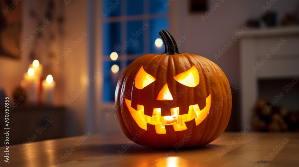 Glowing Halloween pumpkin on the table at home. A holiday of fear and horror. Horrifying Party Glowing Halloween pumpkin on the table at home. A holiday of fear and horror. Horrifying Party