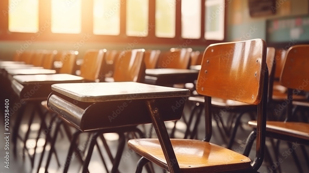 Empty chairs and tables in a classroom Empty chairs and tables in a classroom