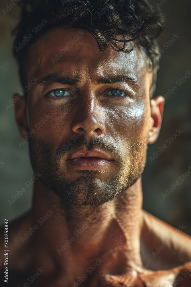 muscular man with thick, dark medium hair and piercing blue eyes, skin tanned, muscular body.
