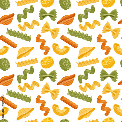Seamless pattern with different types of Italian pasta. Food background, restaurant menu. Vector