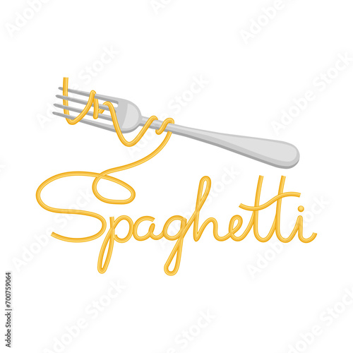 Lettering Spaghetti and fork with spaghetti on a white background. Food logo, restaurant menu. Vector
