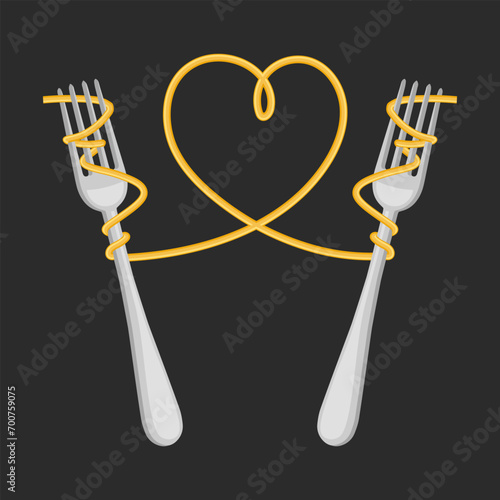 Forks with spaghetti and a heart of pasta on a dark background. Food logo, restaurant menu. Vector