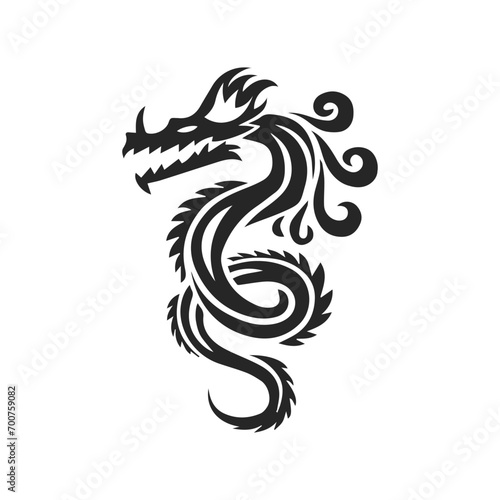 Black silhouette of a Chinese dragon on a white background. Dragon with ornament. Logo, tattoo. Vector © Tatiana