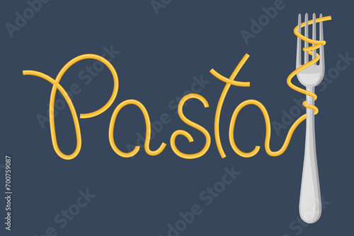 Lettering Pasta and fork with spaghetti on a dark background. Food logo, restaurant menu. Vector