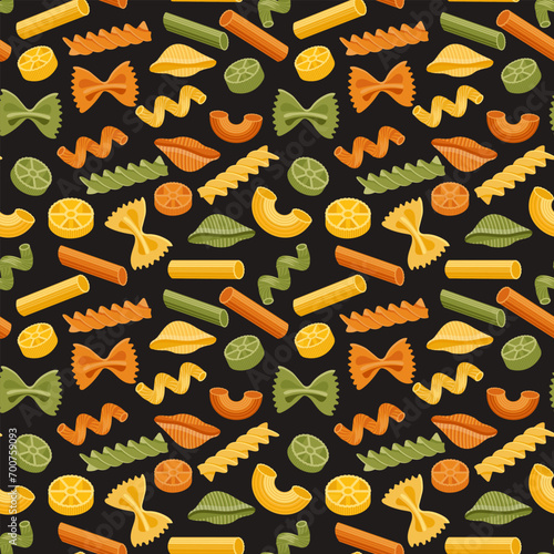 Seamless pattern with different types of Italian pasta. Food background, restaurant menu. Vector