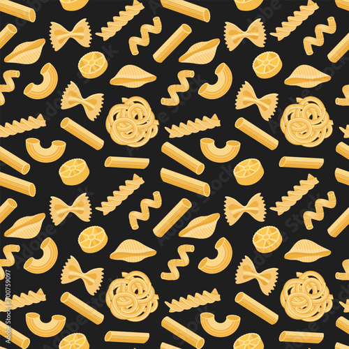 Seamless pattern with different types of Italian pasta. Food background, restaurant menu. Vector