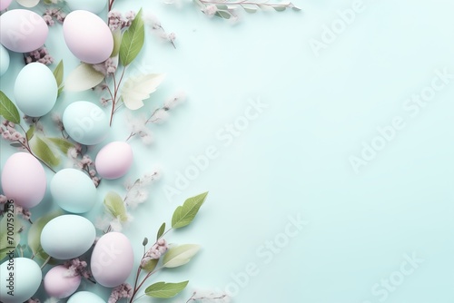 Festively Decorated Easter Eggs and Leaves on Light Blue Background  Flat Lay with Space for Text