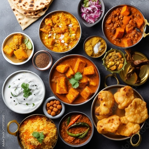 Indian Ethnic Food Buffet on White Concrete Table