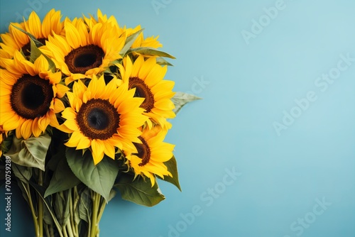 Solemnly decorated sunflowers celebrating Ukraines Independence Day on light blue background photo