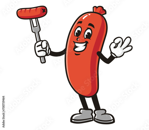 Sausage with grilling sausages cartoon mascot illustration character vector clip art