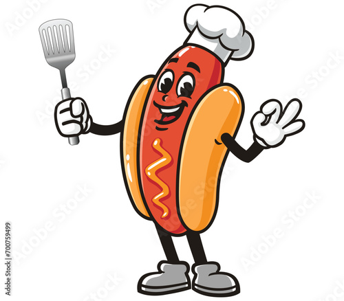 Hot dog with a spatula and wearing a chef's hat cartoon mascot illustration character vector clip art