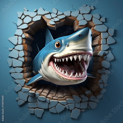 3D cartoon illustration  a shark through a hole in a brick wall