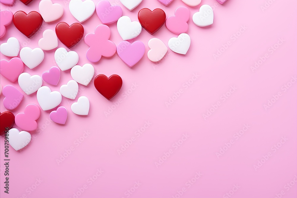 Valentine hearts. Colorful hearts decorated on a pink background. space for text