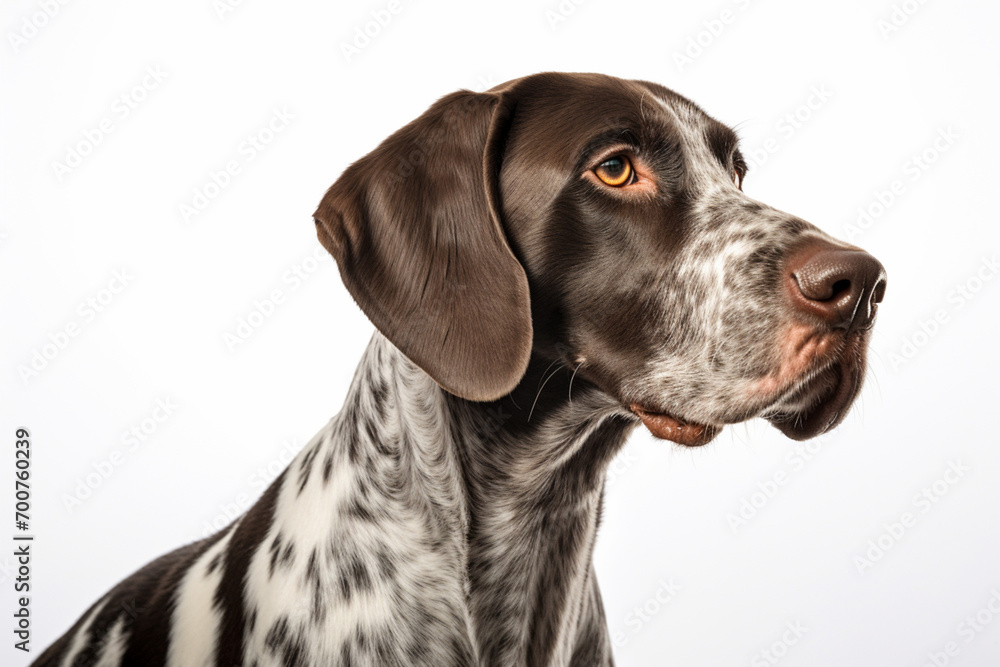 German Shorthaired Pointer dog close-up portrait on a white background.
German Shorthaired Pointer dog close-up portrait on a white background.