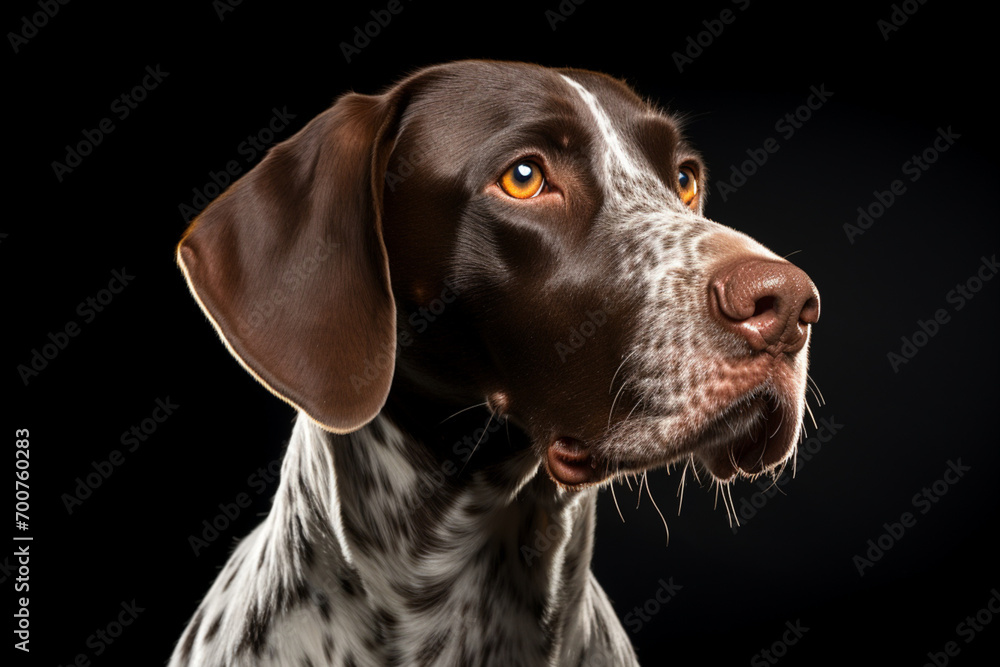 German Shorthaired Pointer dog close-up portrait on a black background.	